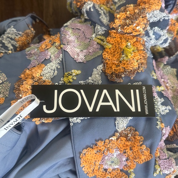 Jovani Blue and Gold Floral sequin Backless Dress - Picture 5 of 7